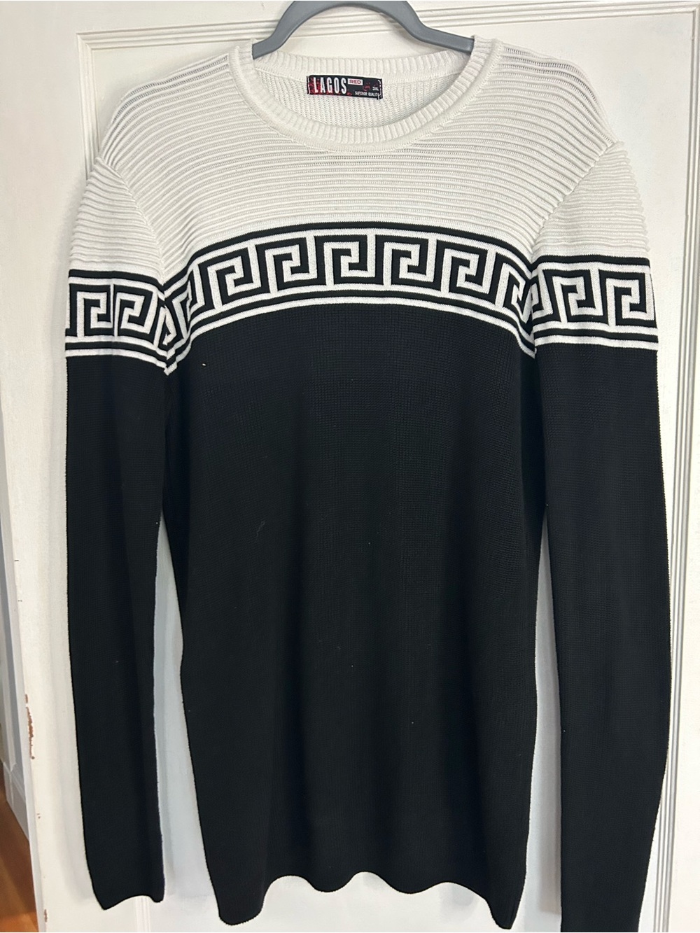 LAGOS Black and White Greek Key Crewneck Sweater